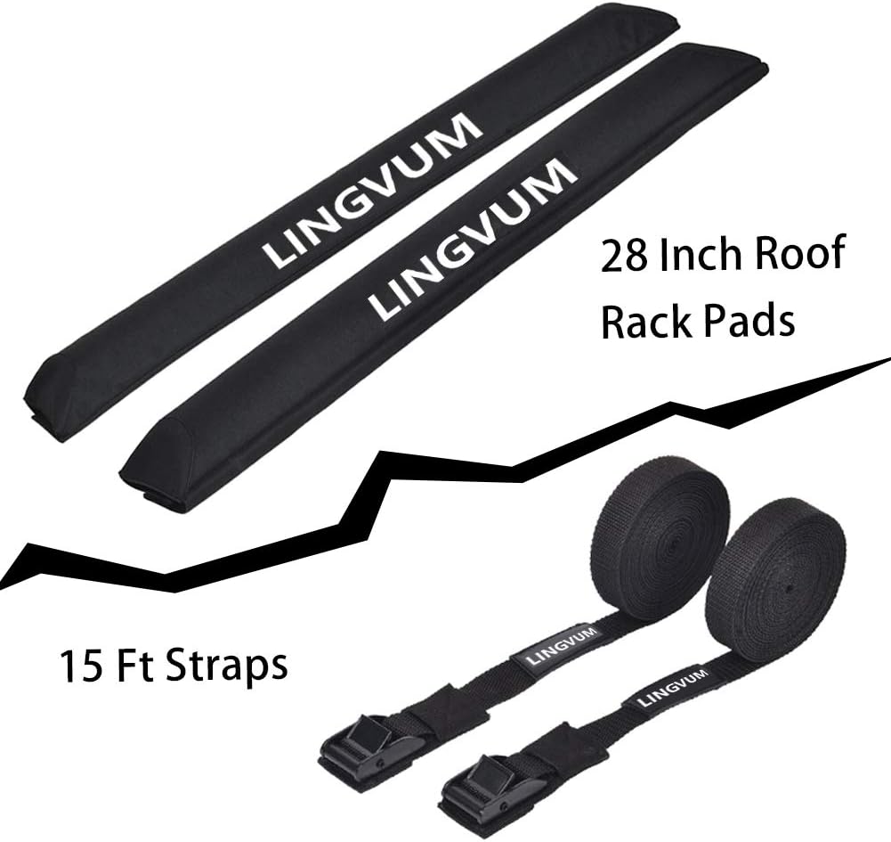 Soft Roof Rack Pads with Two 15 Ft Straps - 28” Car Carrier Racks for Kayak, Surfboard, SUP Paddleboard, Snowboard, Black Pack of 2 W778