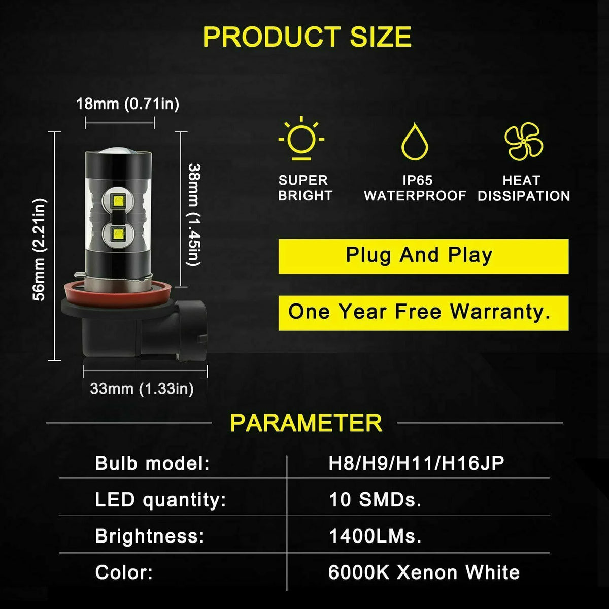 H4 LED Headlight High Low Dual Beam H11 Fog Light Bulbs H33341