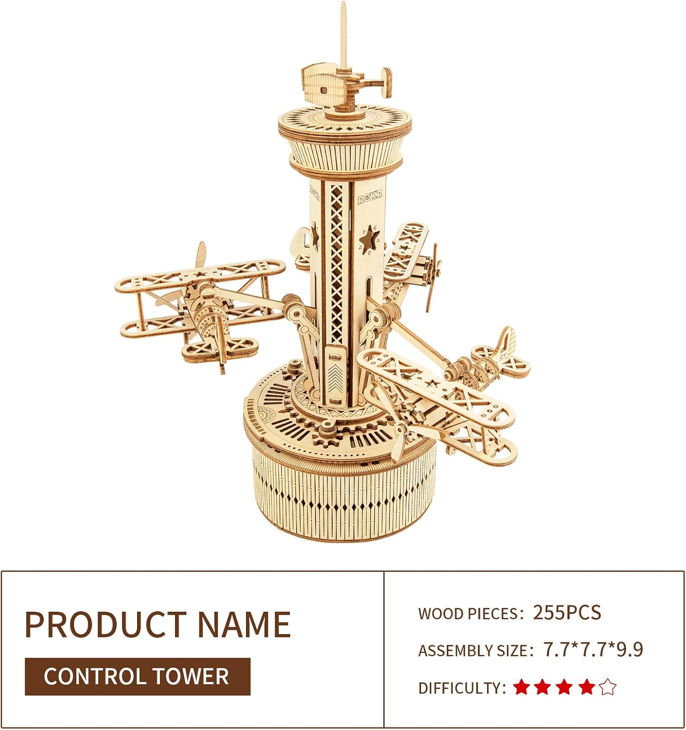 3D Wooden Puzzles Music Box DIY Model Craft Kits Mechanical Airplane-Control Tower E2107
