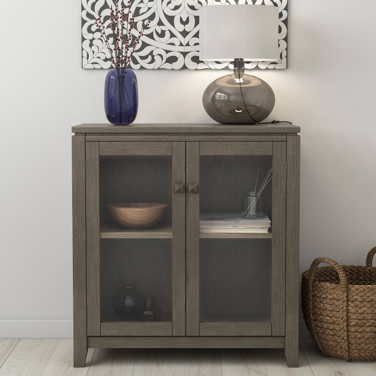 Solid Wood Low Storage Cabinet Farmhouse Grey A7387