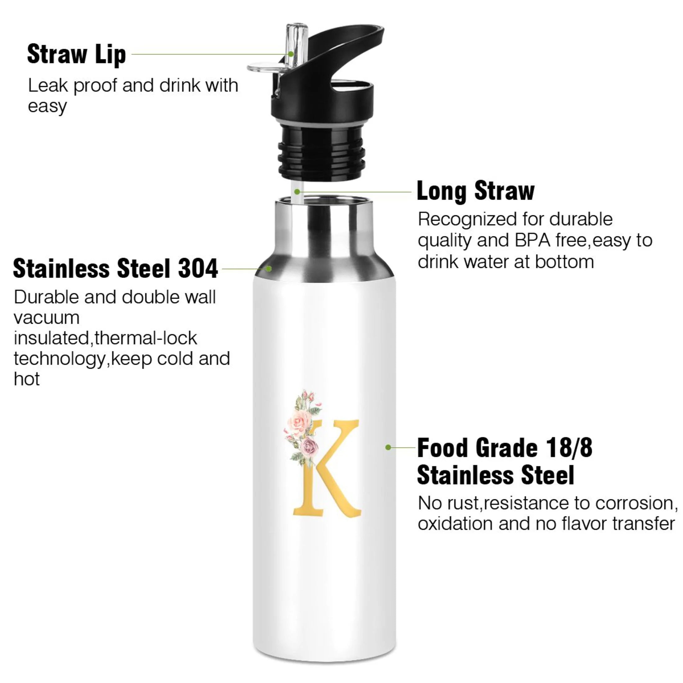 Stainless Steel Insulated Thermos Vacuum Flask Water Bottle with Straw Lid L5739