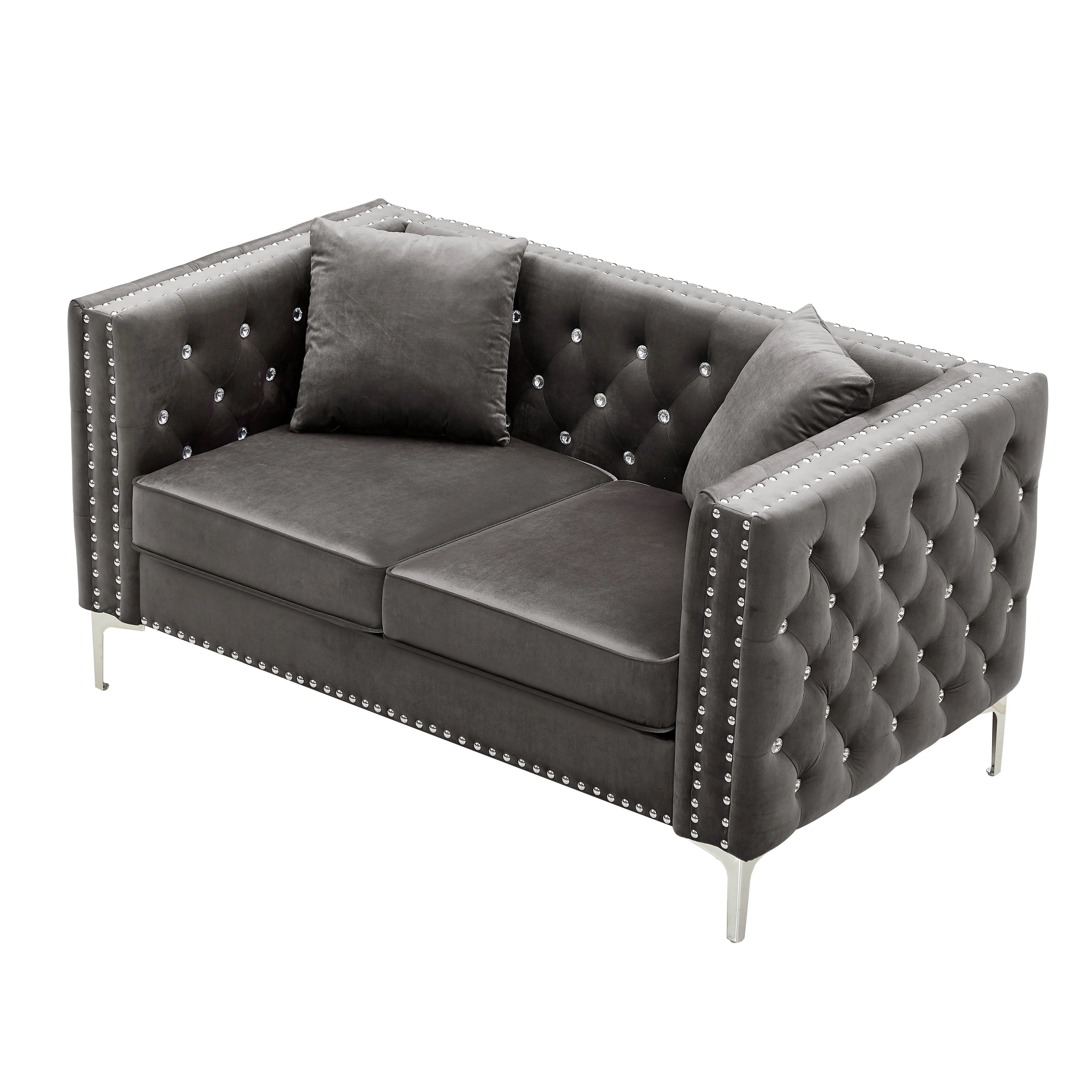 Tufted Velvet Loveseat with 2 Pillows Metal Legs O491111