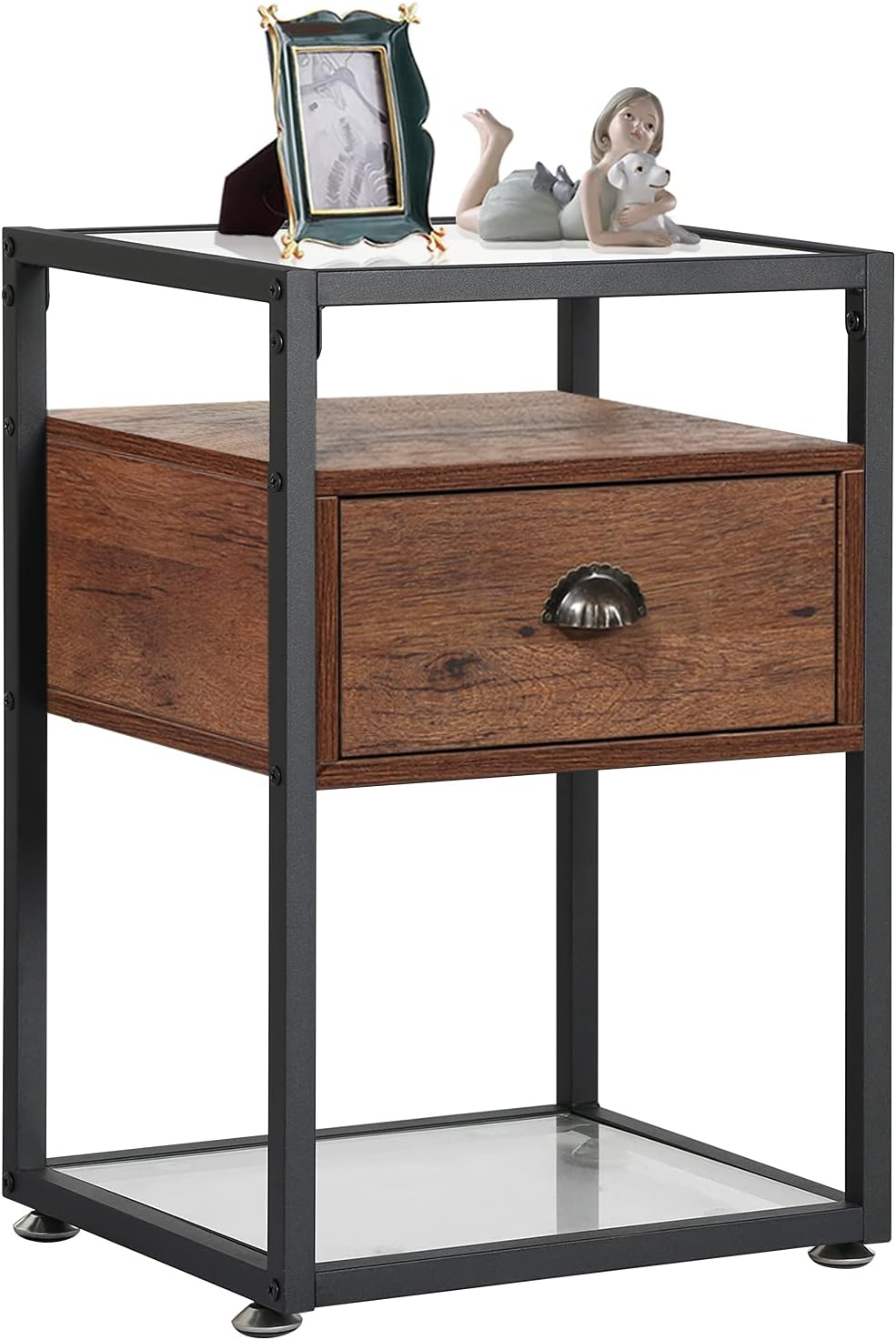 Brown Nightstand with Drawer and Shelf F519