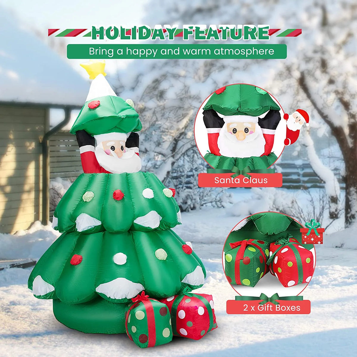 6ft Inflatable LED Lighted Christmas Tree with Pop up Santa and 2 Gift Boxes J208889