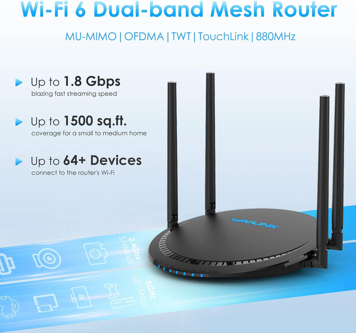AX1800 Dual Band WiFi 6 Router, 5 Gigabit Ethernet Ports, USB 3.0, Pack of 2 V8714