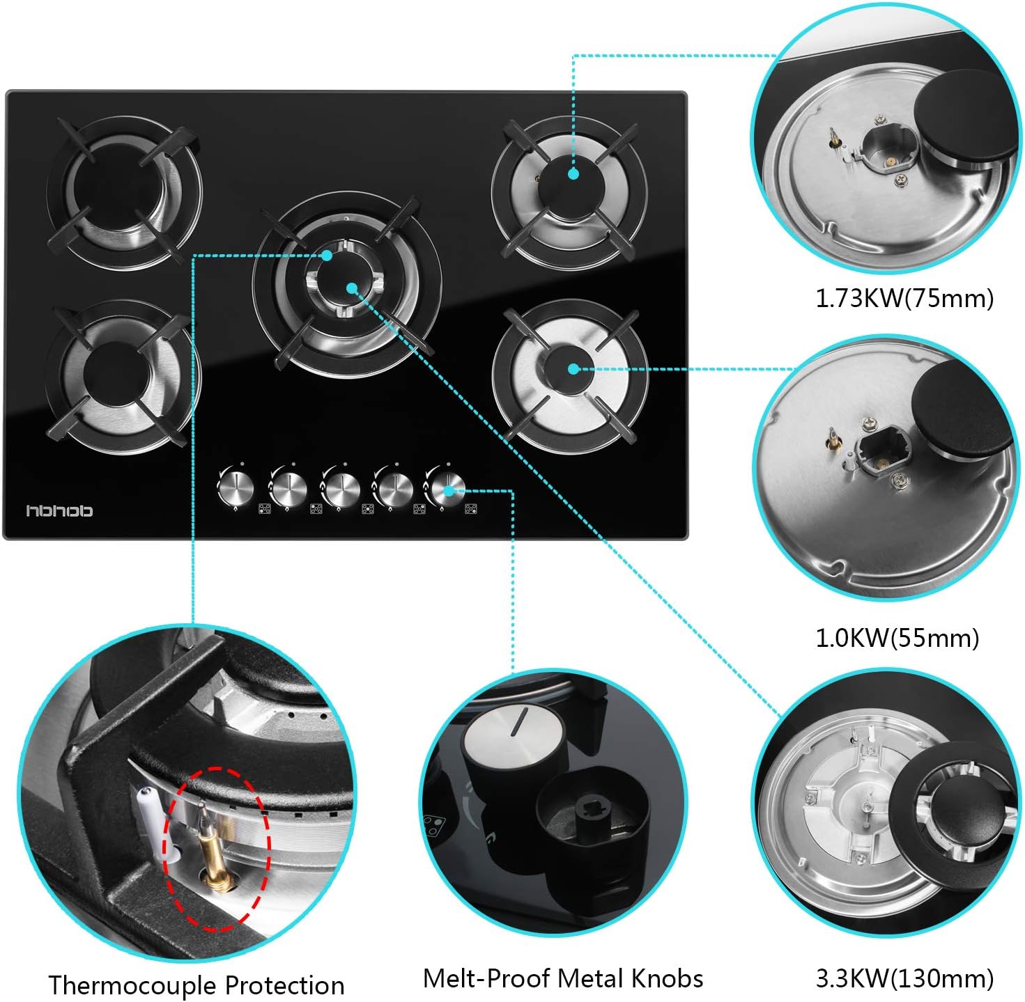 5 Burners Built in Gas Cooktop with Cast Iron Grate J435