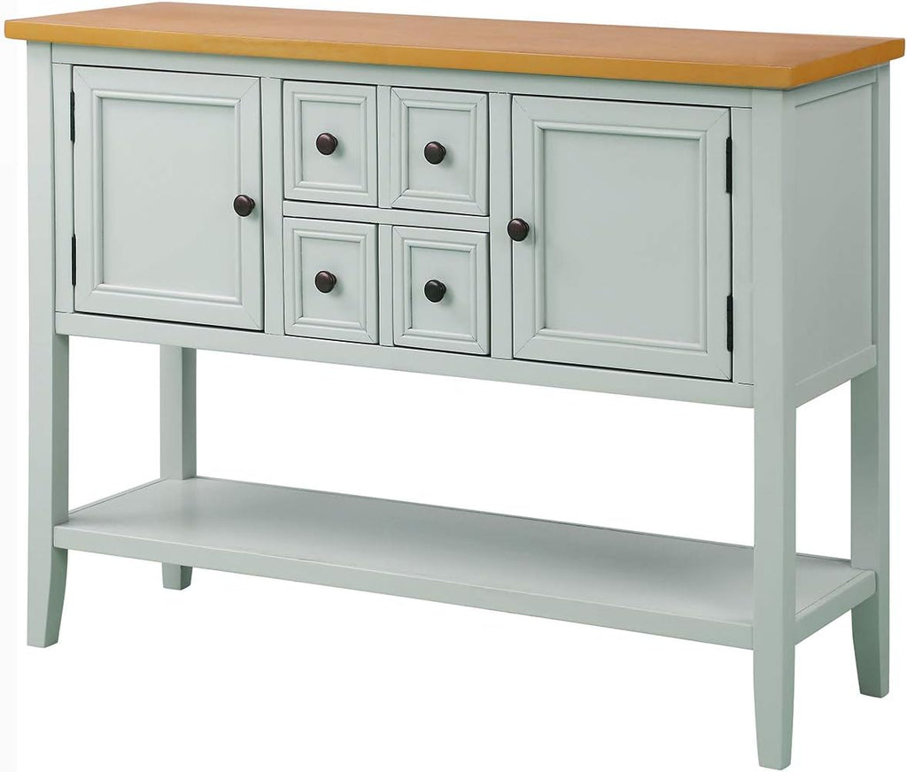 Retro Wood Console Table with 4 Storage Drawers, 2 Cabinets & Bottom Shelf, Antique Gray T719558