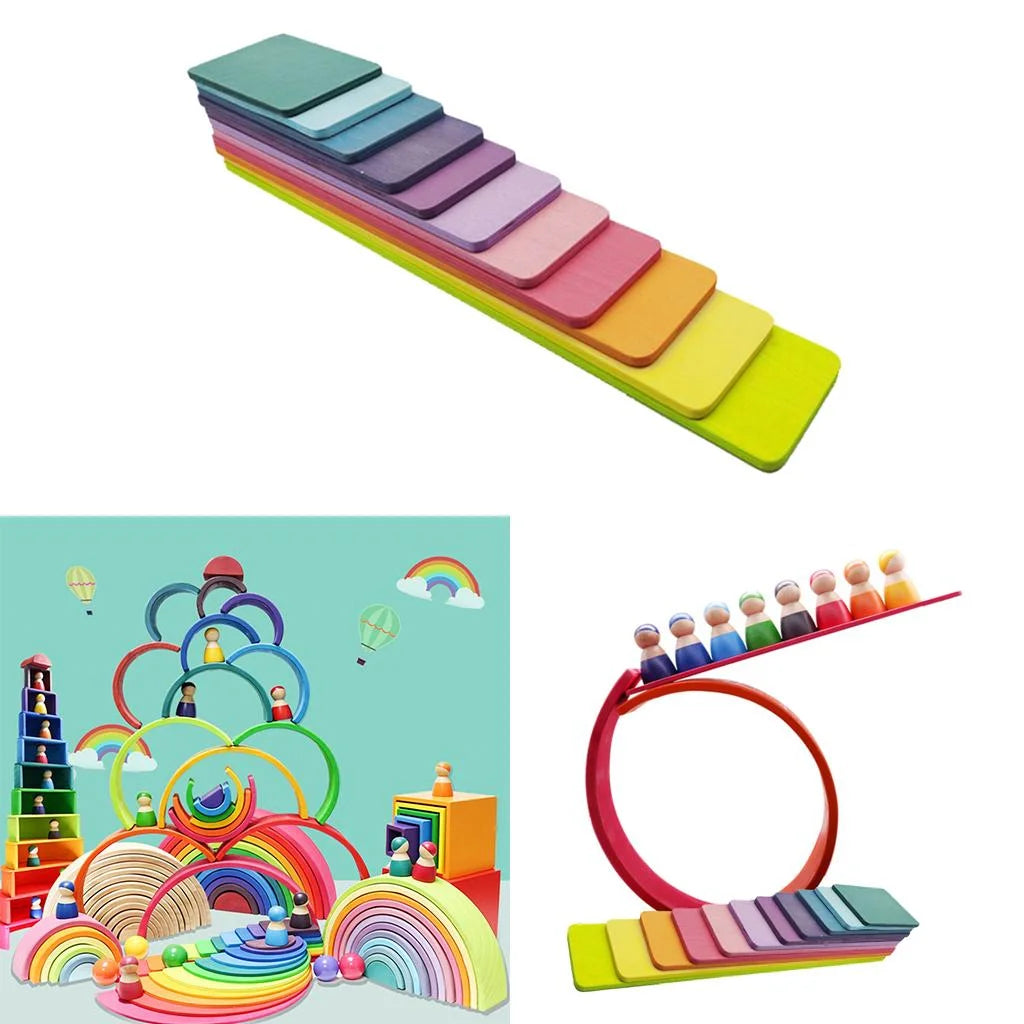 11pcs Wooden Rainbow Stacking Game Building Blocks L32340