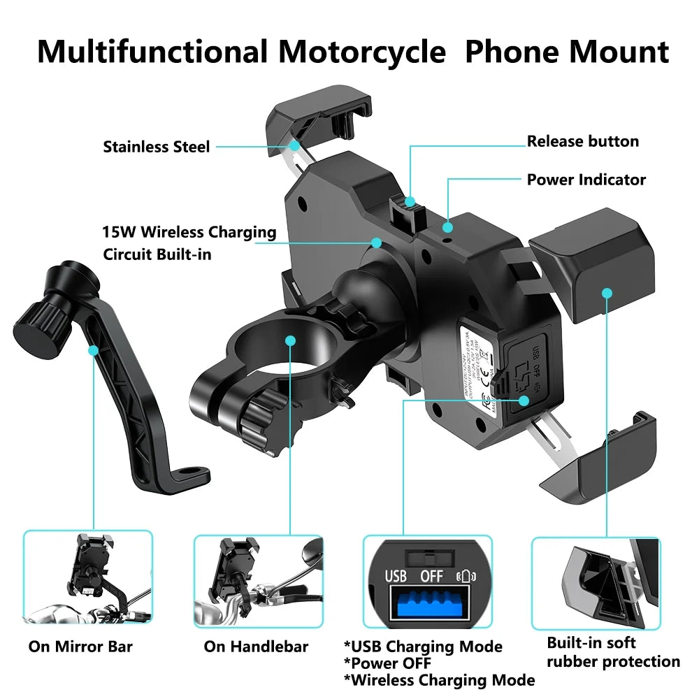 Motorcycle Phone Mount with Wireless and USB Charger 15W Qi Fast Charging Cell Phone Holder L427550