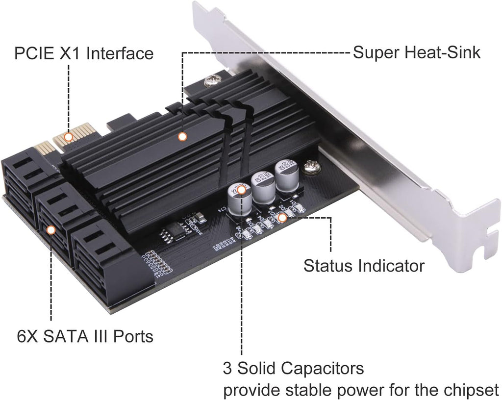 6 Ports PCIe SATA 3.0 6Gbps Expansion Controller Card with 6 SATA Cables and Heatsink X99028