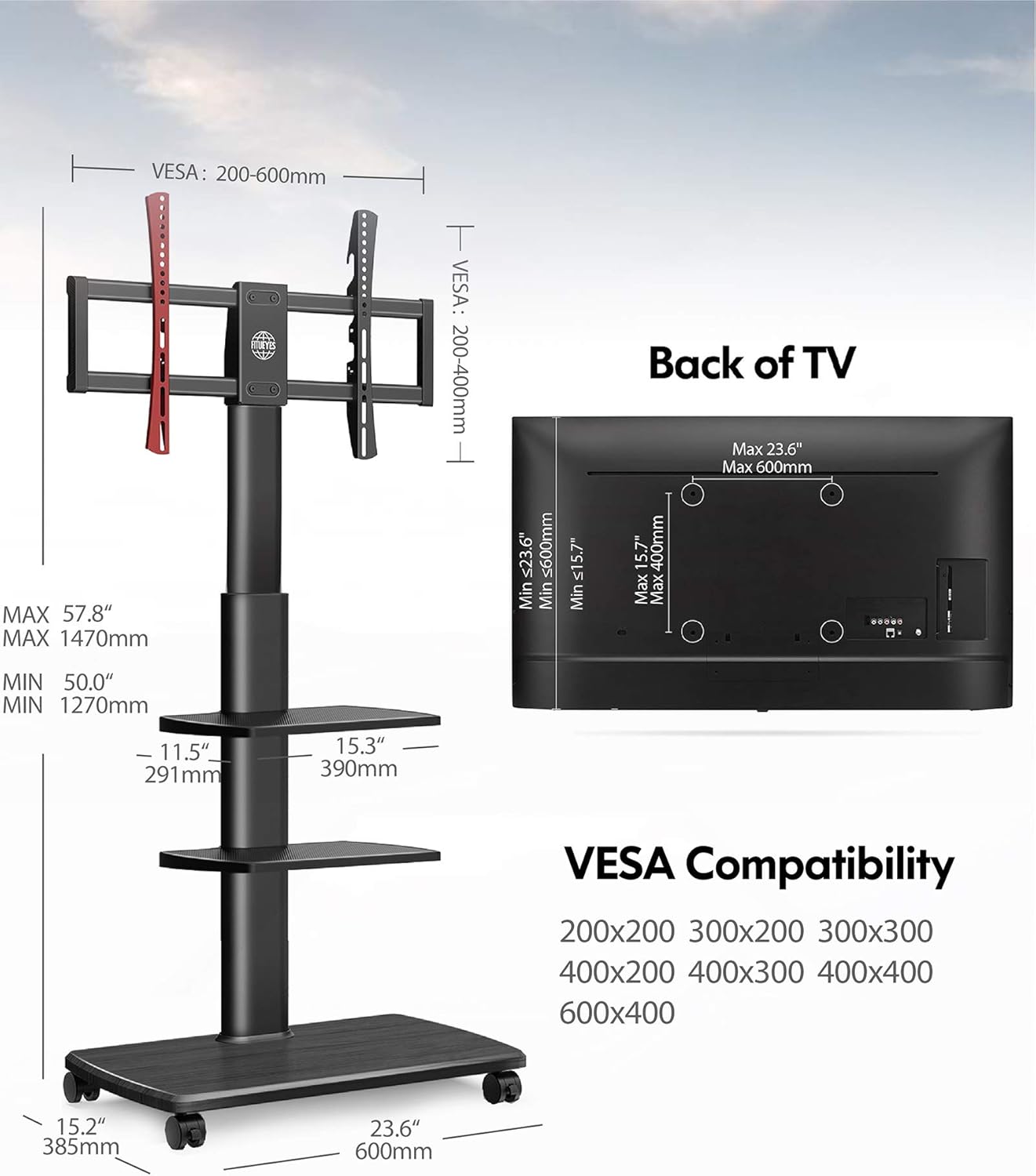 Rolling TV Stand on Wheels for 32 to 65 Inch Flat Screen TV, Black O385