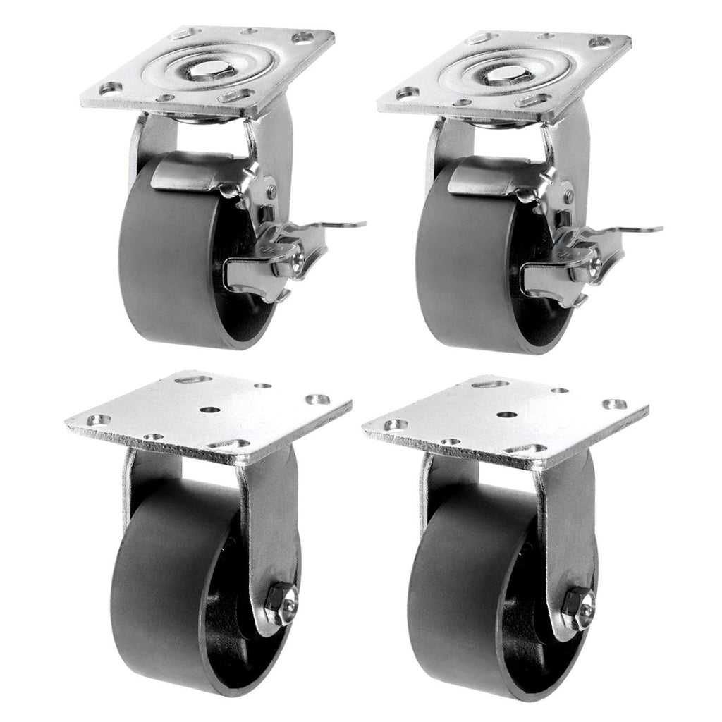 4 Pack Plate Caster, Steel Cast Iron Wheel, 4 inches, 2800 lbs Total Capacity E92876