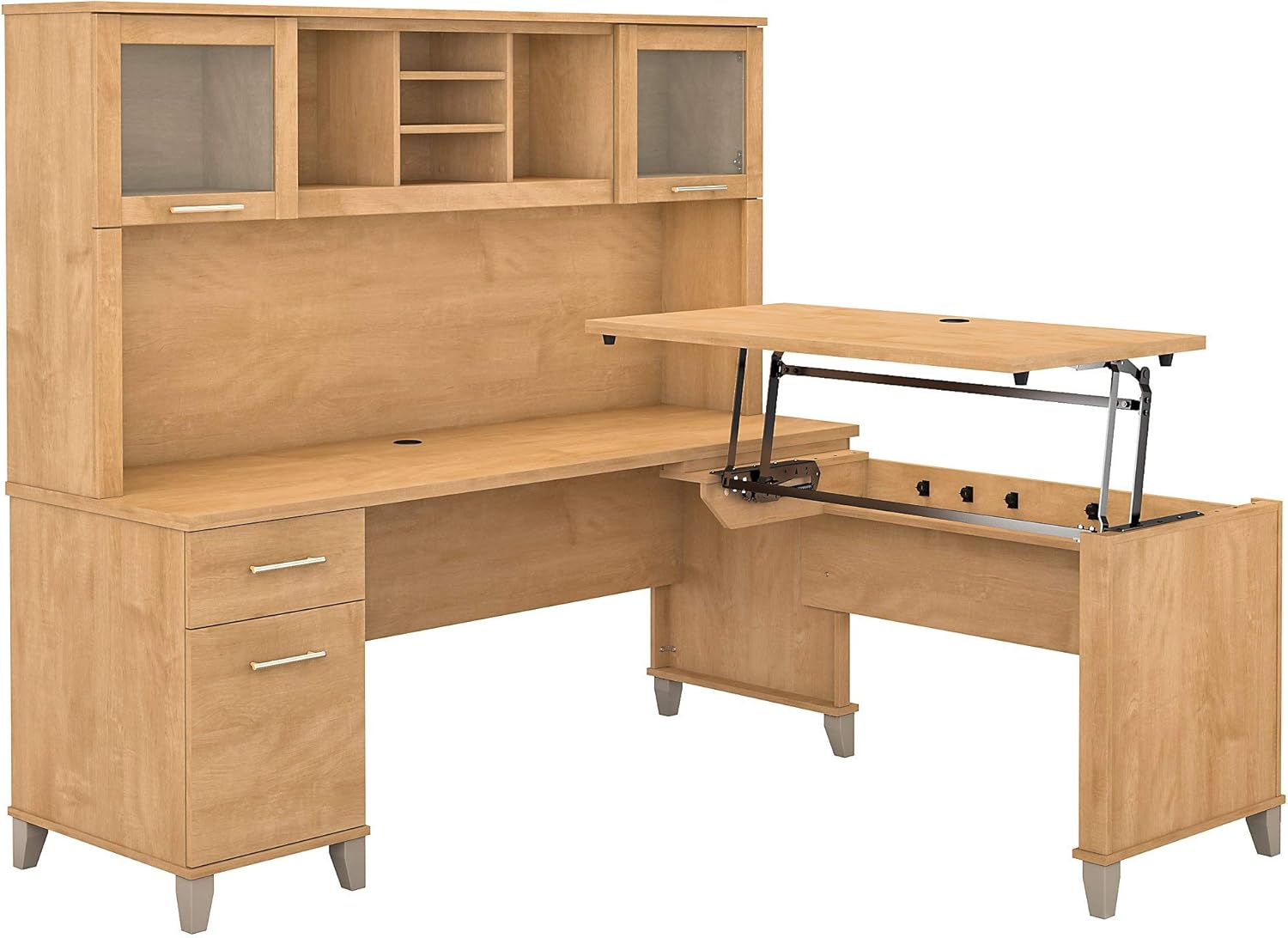 Sit to Stand L Shaped Desk with Hutch in Sand Oak K42337