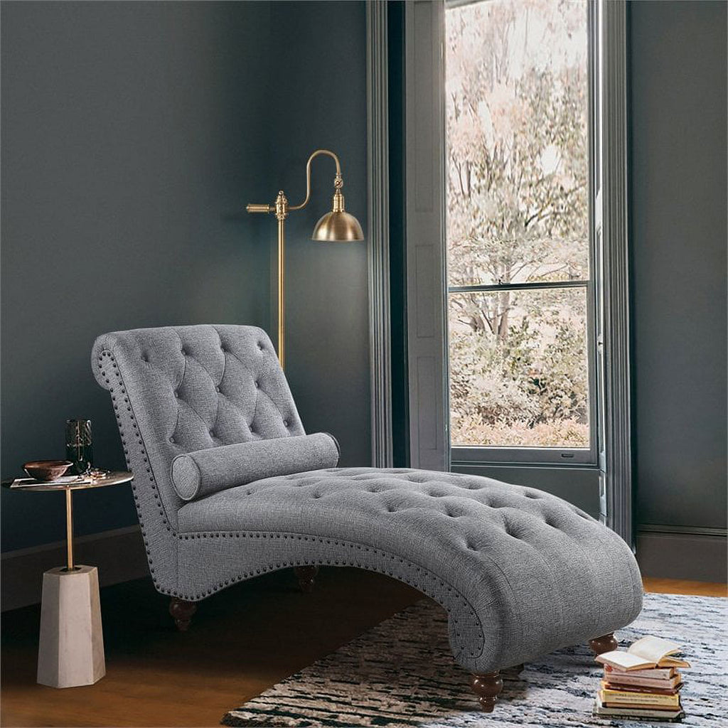 Dark Gray Wood & Fabric Chaise with 1 Bolster Pillow I63518