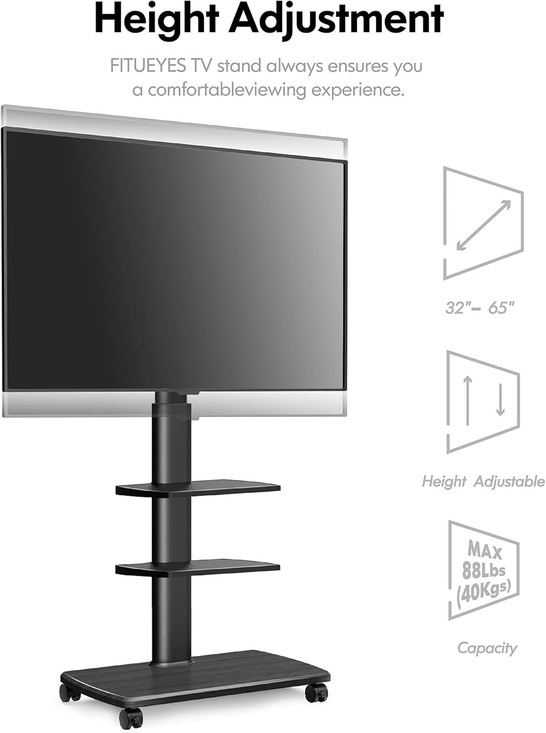 Rolling TV Stand on Wheels for 32 to 65 Inch Flat Screen TV, Black O385