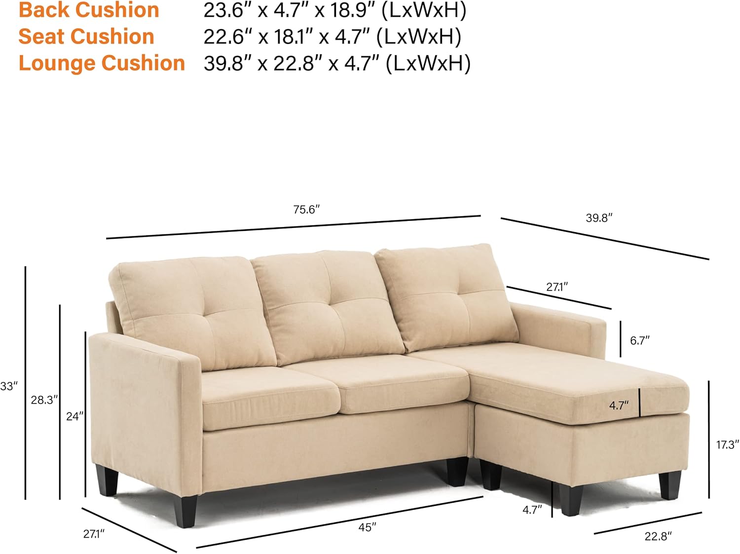 Beige Fabric Sectional Sofa with Chaise P282