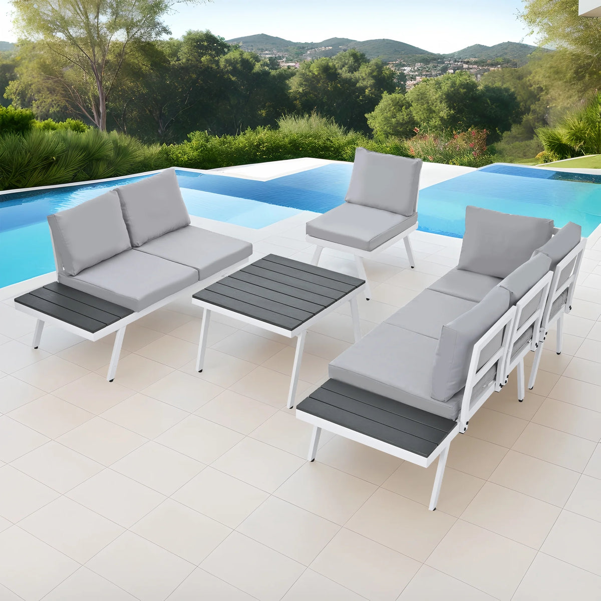White Aluminum Patio Sectional Sofa Set with End Tables and Coffee Table P6922