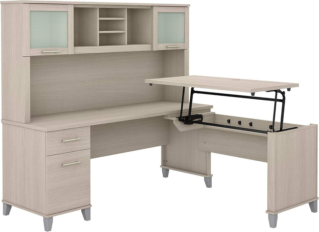 Sit to Stand L Shaped Desk with Hutch in Sand Oak K42337