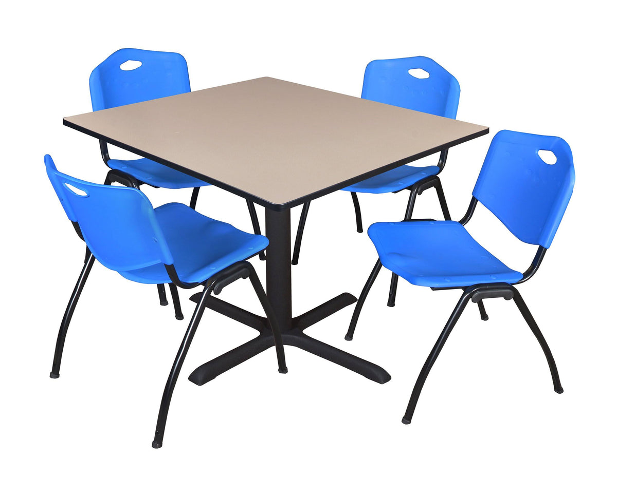 Beige Square Breakroom Table with 4 Blue Stack Chairs H51892