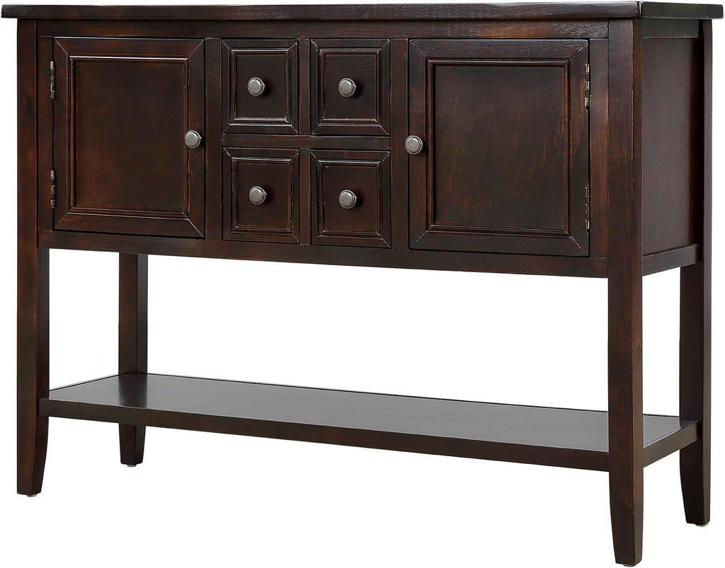 Retro Wood Console Table with 4 Storage Drawers, 2 Cabinets & Bottom Shelf, Antique Gray T719558