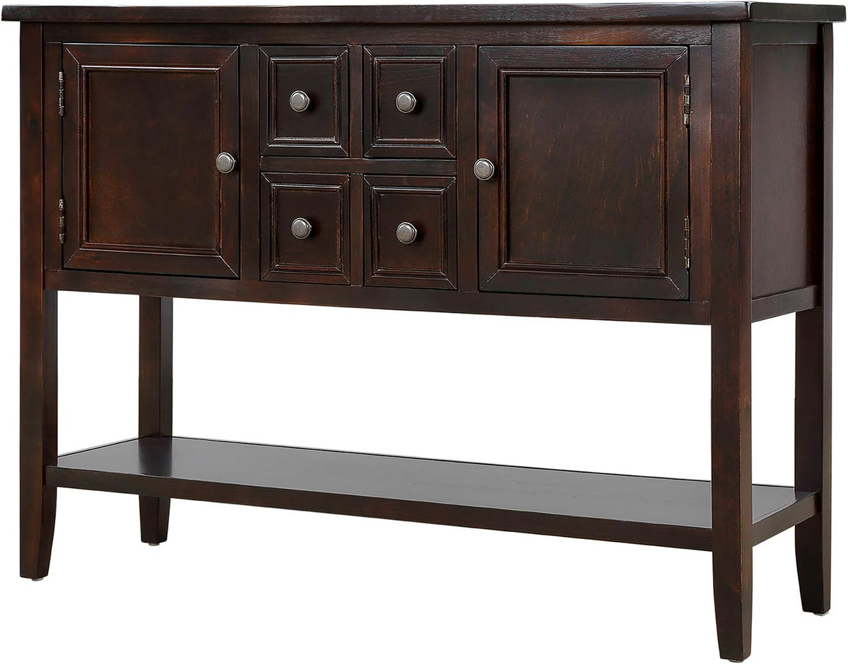 Retro Wood Console Table with 4 Storage Drawers, 2 Cabinets & Bottom Shelf, Antique Gray T719558