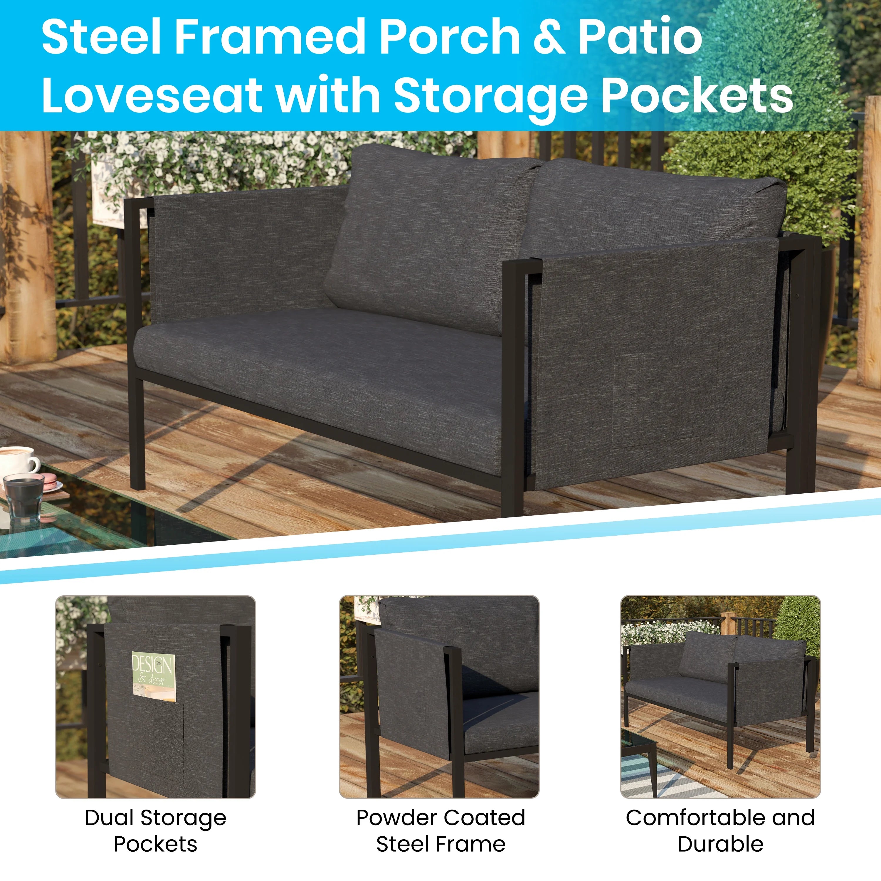 Black Steel Framed Patio Loveseat with Charcoal Cushions and 2 Storage Pockets L667895