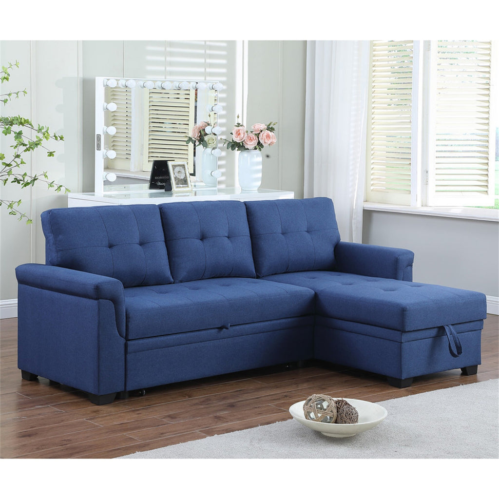 Blue Linen Reversible Sleeper Sectional Sofa with Storage Chaise U6549