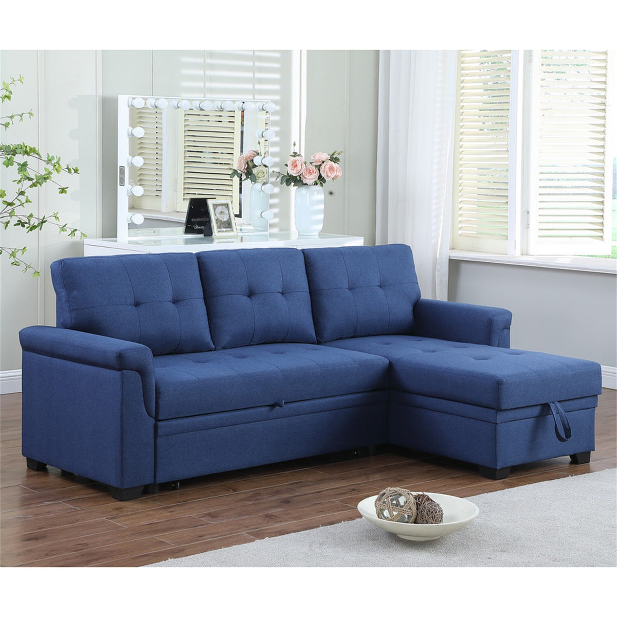 Blue Linen Reversible Sleeper Sectional Sofa with Storage Chaise U6549