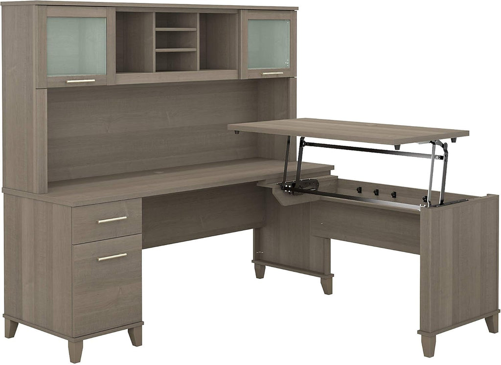 Sit to Stand L Shaped Desk with Hutch in Sand Oak K42337
