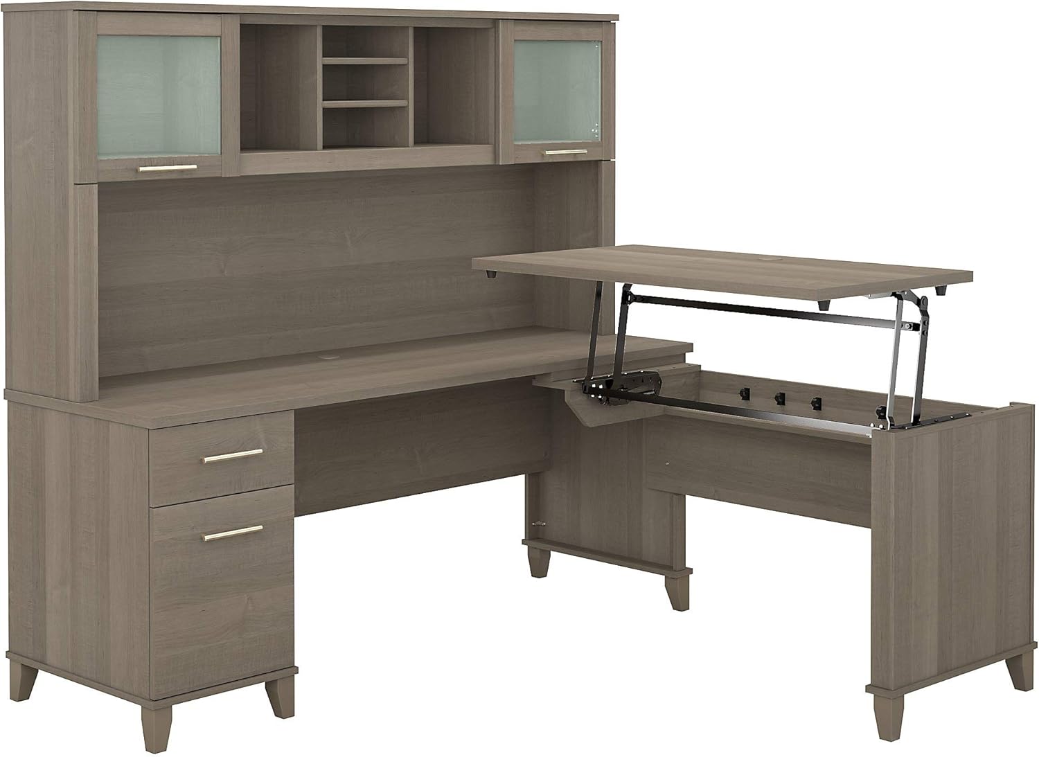 Sit to Stand L Shaped Desk with Hutch in Sand Oak K42337