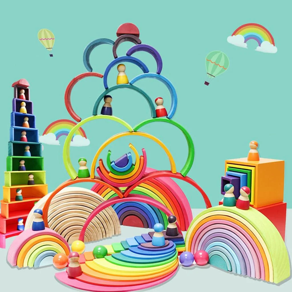 11pcs Wooden Rainbow Stacking Game Building Blocks L32340