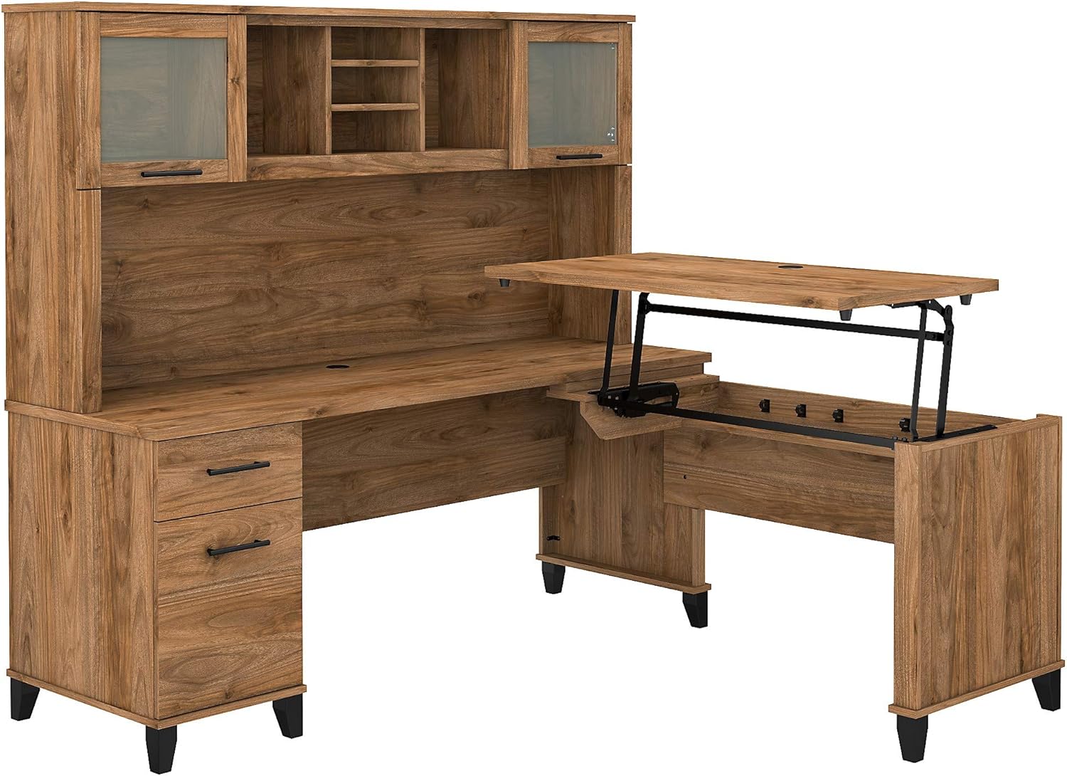 Sit to Stand L Shaped Desk with Hutch in Sand Oak K42337