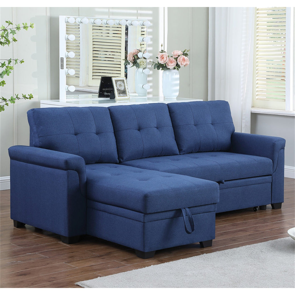 Blue Linen Reversible Sleeper Sectional Sofa with Storage Chaise U6549