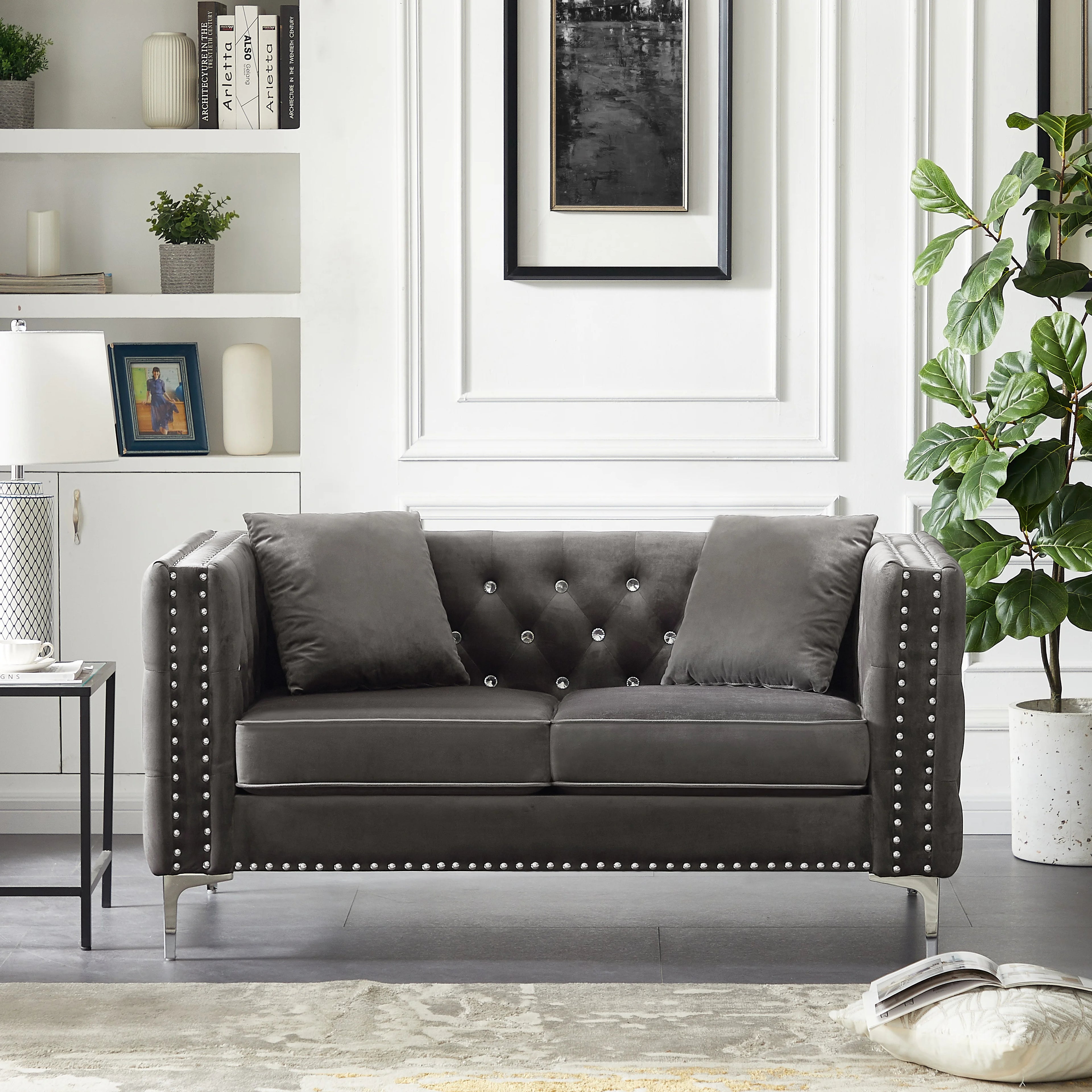 Tufted Velvet Loveseat with 2 Pillows Metal Legs O491111