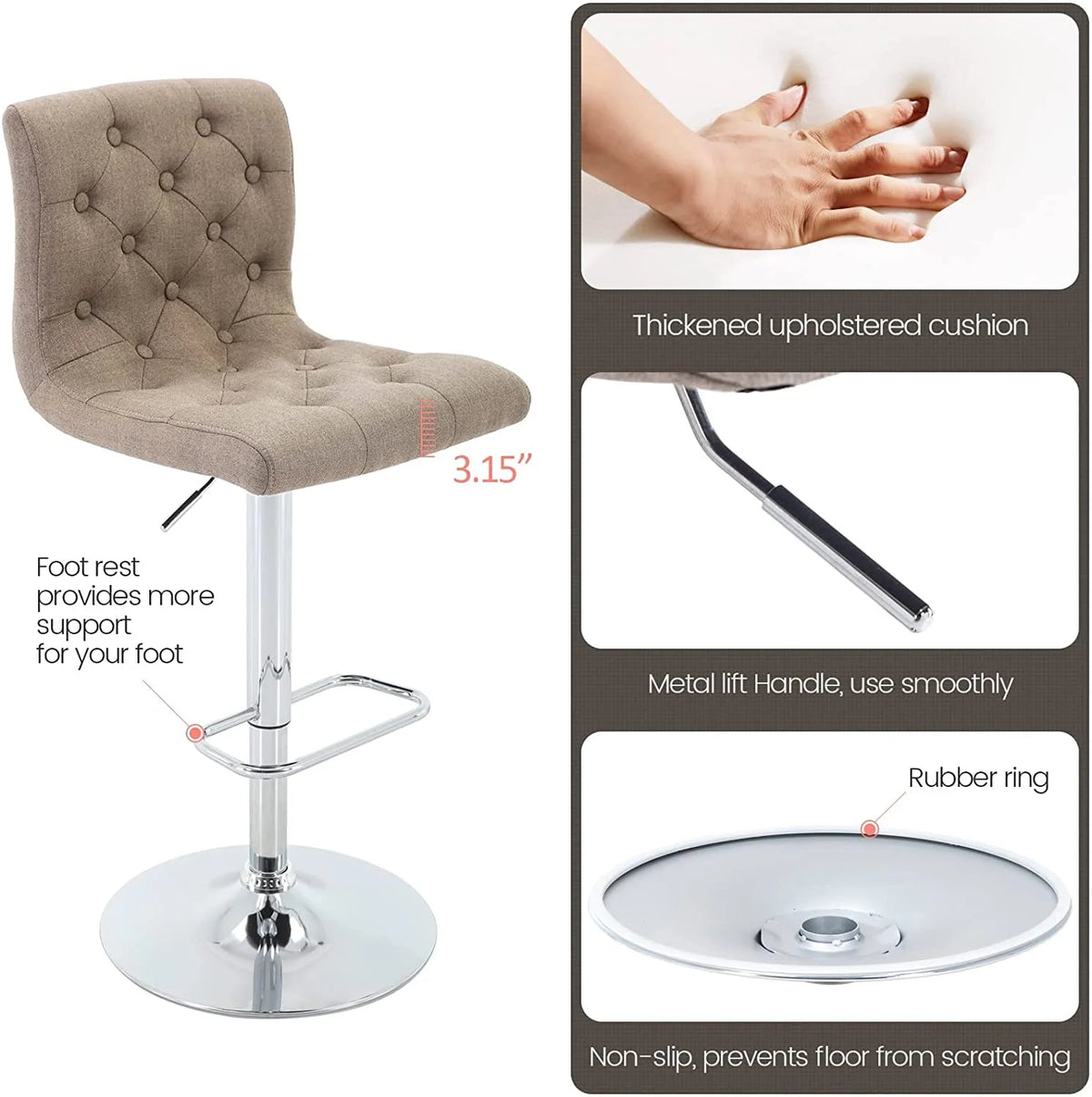 Tufted Swivel Bar Stool with Back, Fabric Upholstered Armless Bar Chair C949255