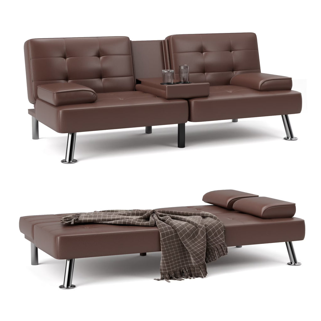 Futon Sofa Bed Faux Leather Convertible Folding Recliner with 2 Cup Holders F46929