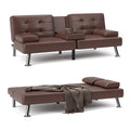 Futon Sofa Bed Faux Leather Convertible Folding Recliner with 2 Cup Holders F46929