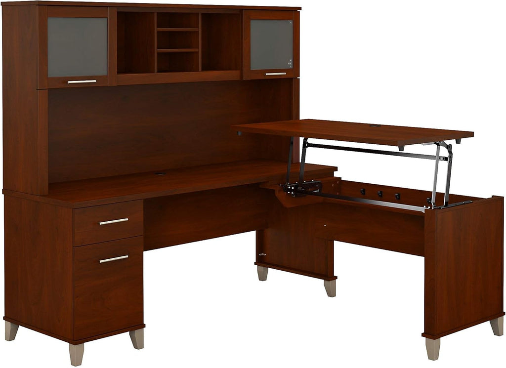 Sit to Stand L Shaped Desk with Hutch in Sand Oak K42337