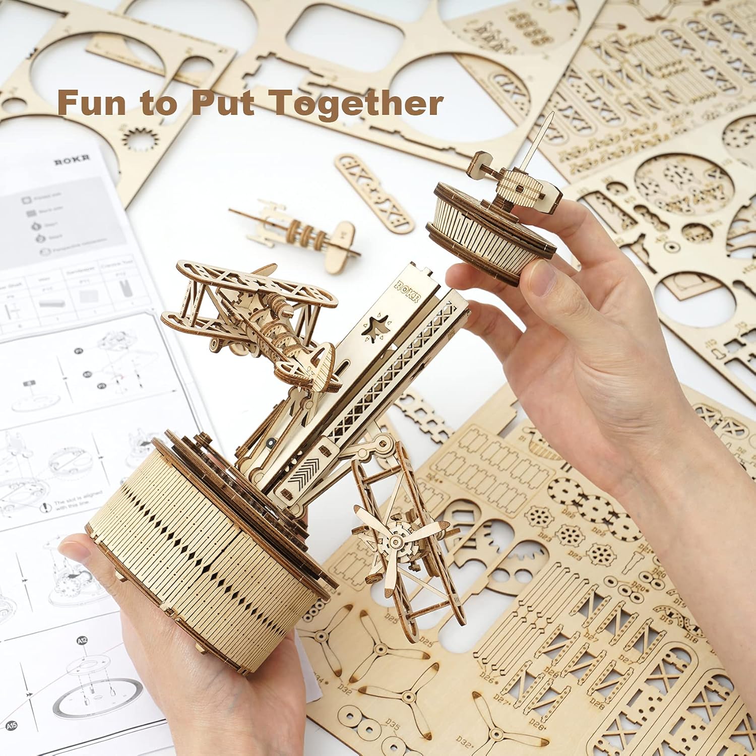 3D Wooden Puzzles Music Box DIY Model Craft Kits Mechanical Airplane-Control Tower E2107