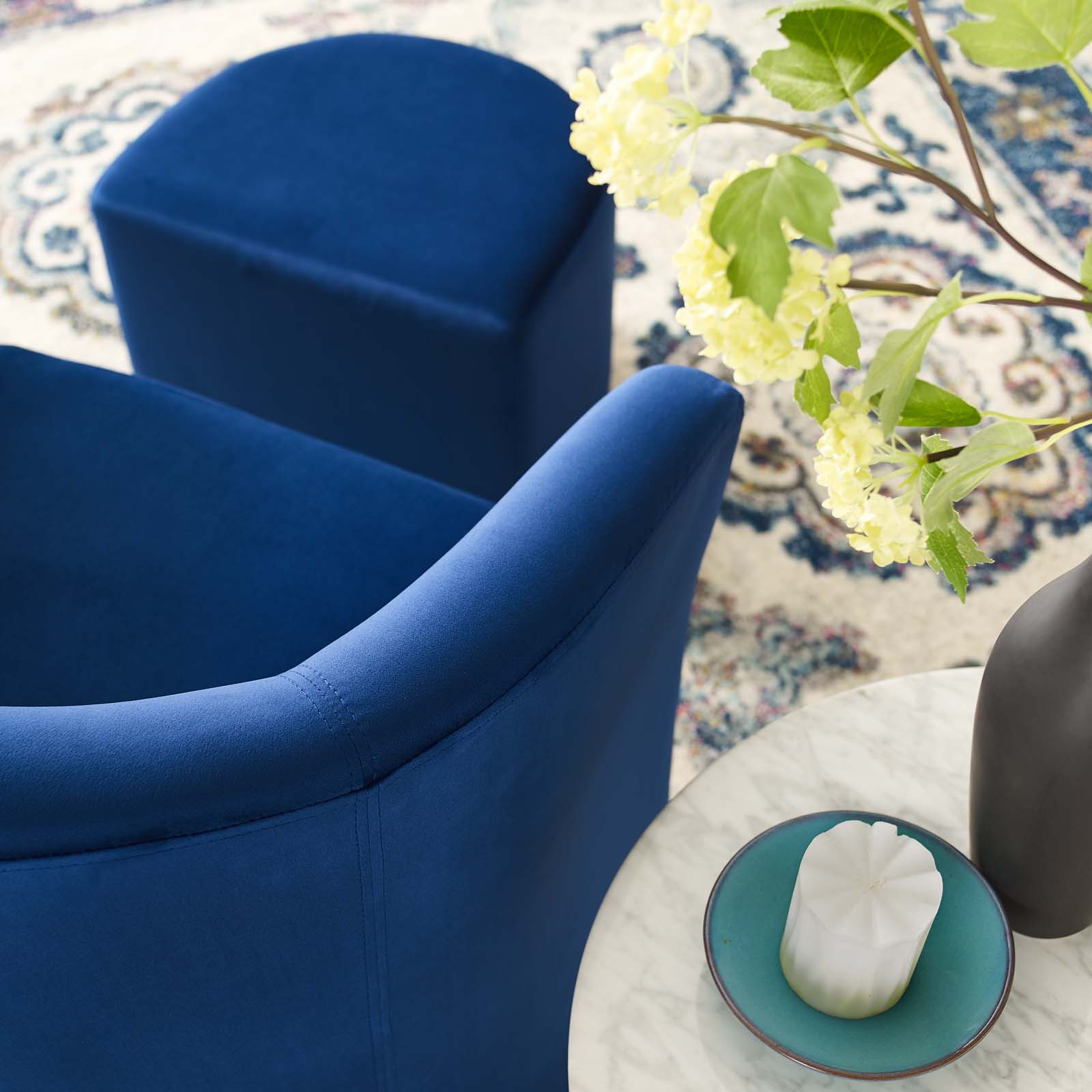 Navy Blue Velvet Armchair and Ottoman A1756