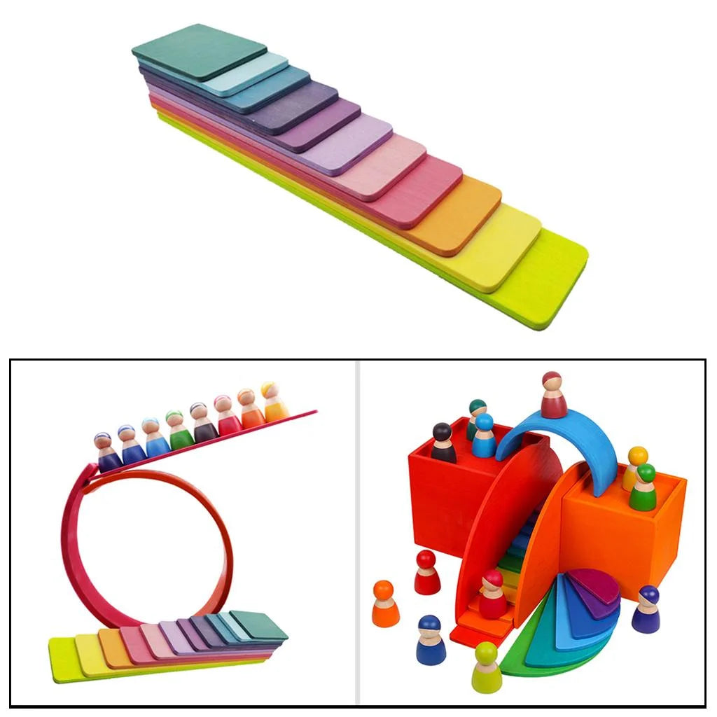 11pcs Wooden Rainbow Stacking Game Building Blocks L32340