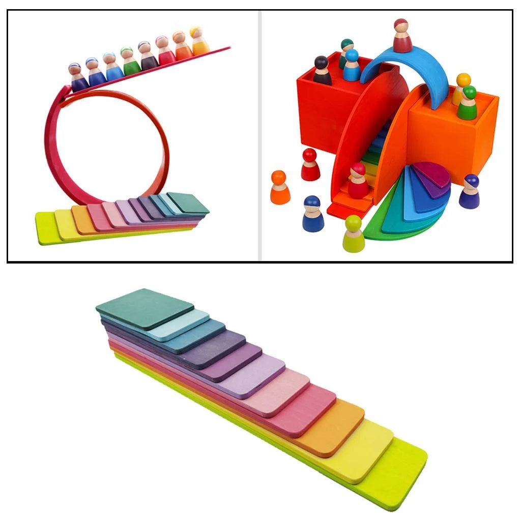 11pcs Wooden Rainbow Stacking Game Building Blocks L32340
