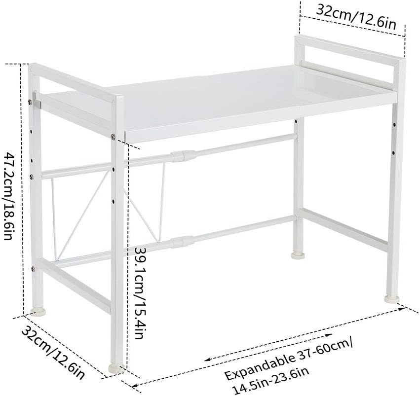 Expandable White Microwave Oven Rack Shelf Storage Stand, 2 Tiers with 3 Hooks J283402