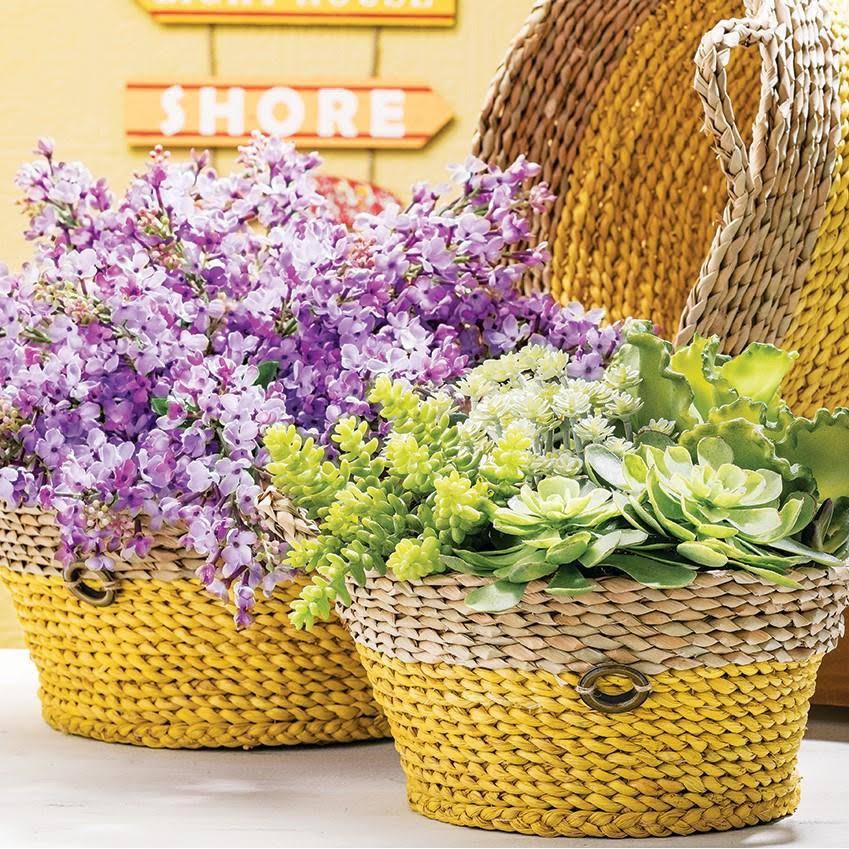 Yellow & Natural Round Woven Baskets with Handles, Set of 3 I427