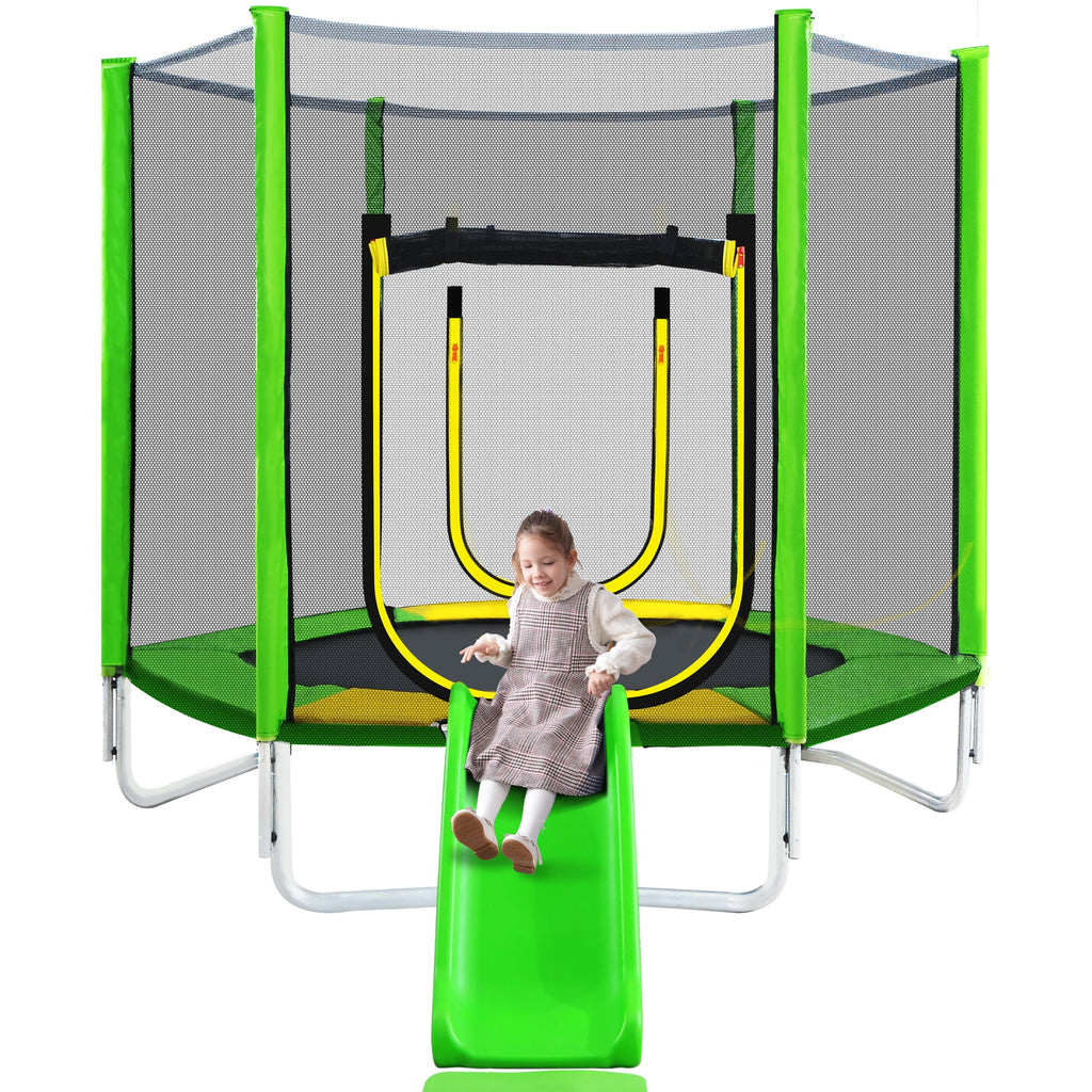 7FT Round Trampoline with Safety Enclosure Net, Slide and Ladder G233058