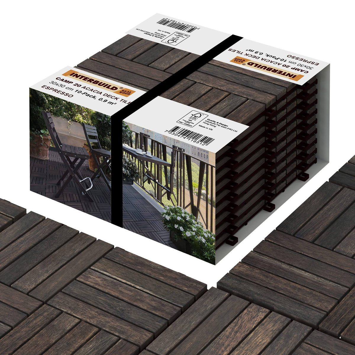 Acacia Hardwood Interlocking Patio Deck Tiles, Pack of 10 Y28486