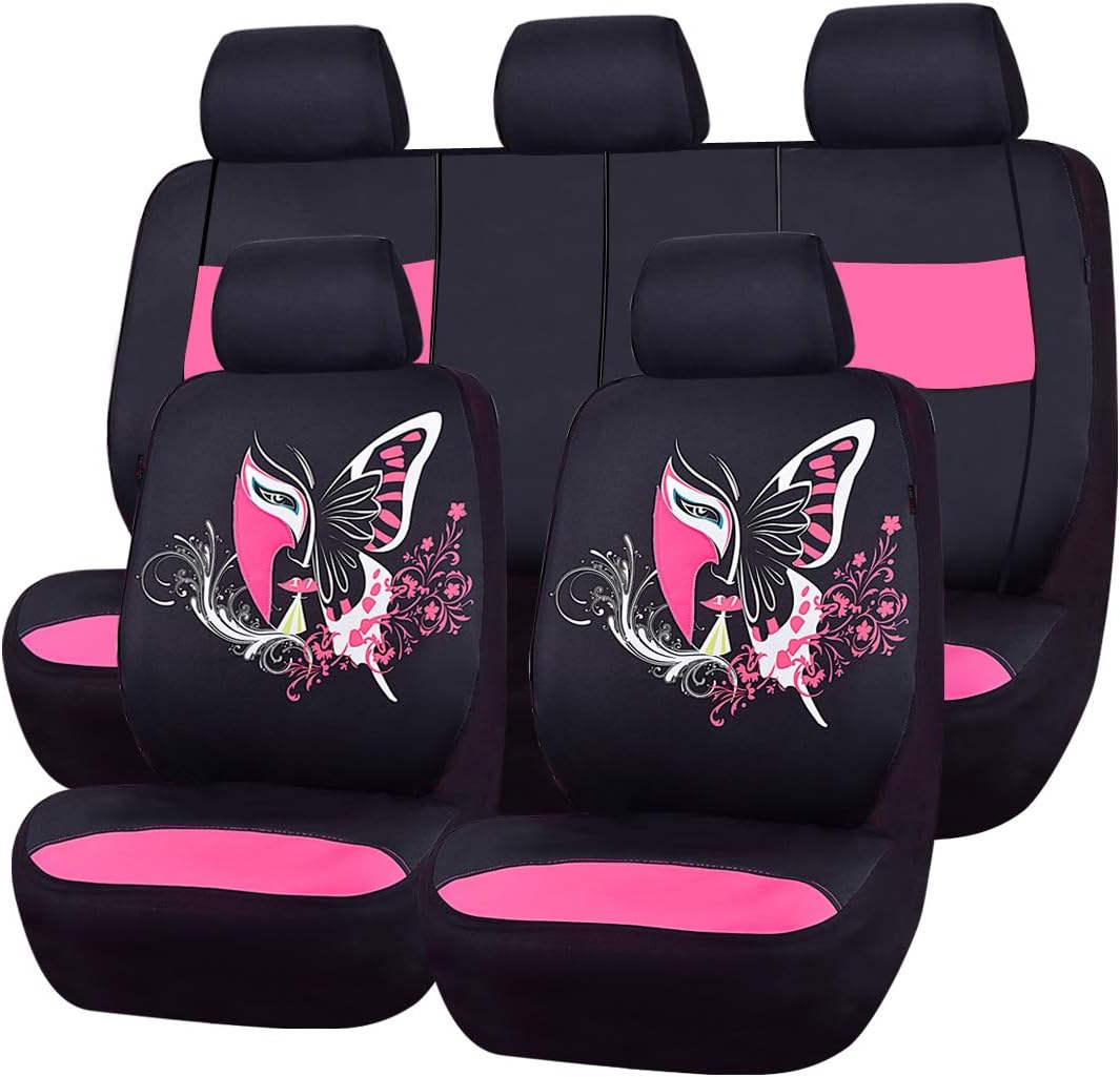 11PCS Universal Fit Car Seat Covers Set (Black with Pink) A9011
