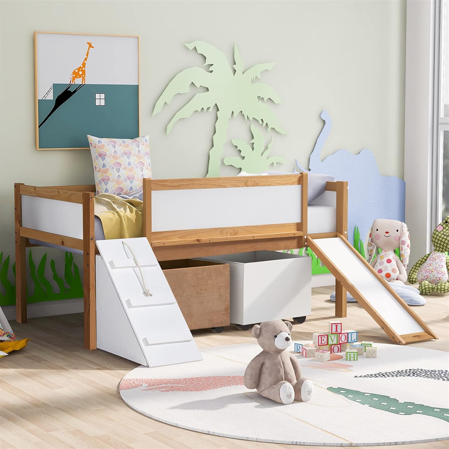 White Wood Twin Size Loft Bed with Storage Cabinet and Shelf U74694