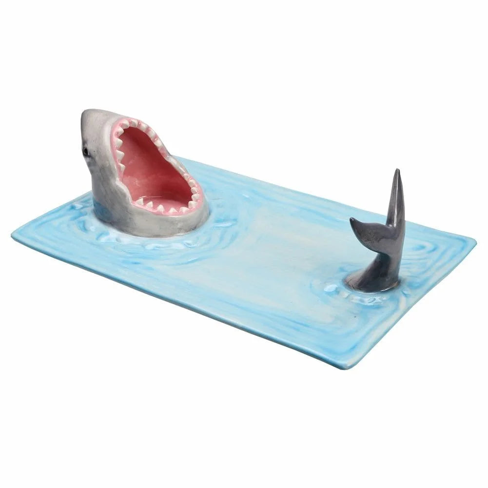 Shark Attack Sushi Plate, Hand-Painted Ceramic Serving Tray with Soy Sauce Holder and Chopsticks Rest O15089