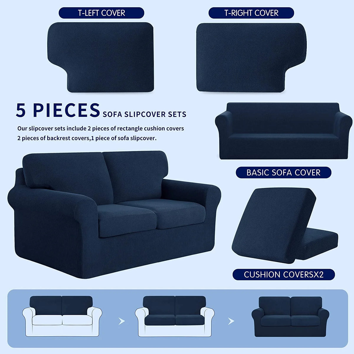 Navy Stretch Sofa Slipcover Set 5 Pieces S724